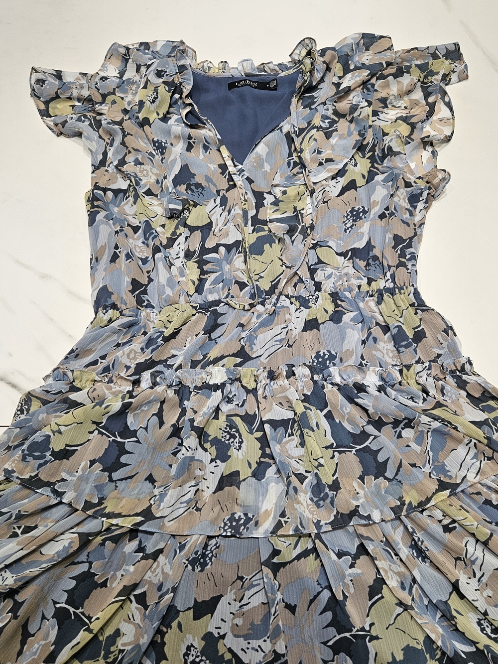Lauren Ralph Lauren Floral V-Neck Summer/Spring Dress- Blue,& Gray